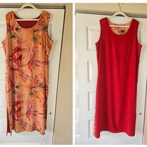 Vintage Reversible Tropical Floral Maxi Dress Peach Orange Red Sleeveless XXL